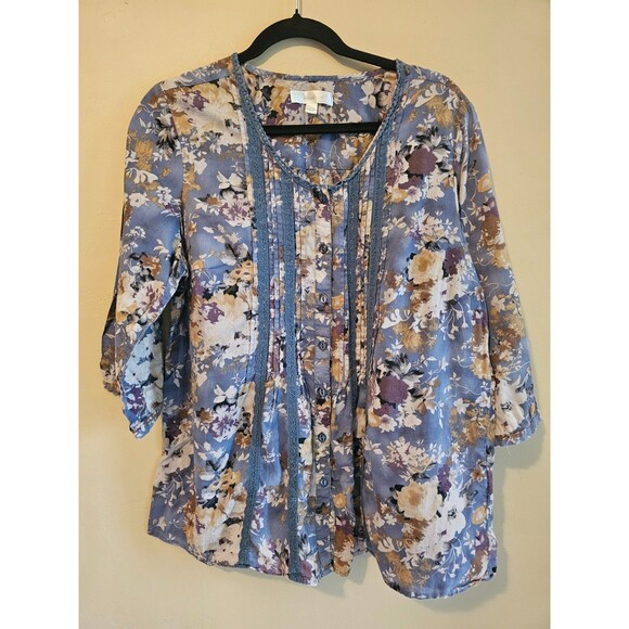 Dress Barn Tops - Dress Barn blue, brown, cream Bohemian Boho Floral Top V-neck Tie Top Sz 14-16